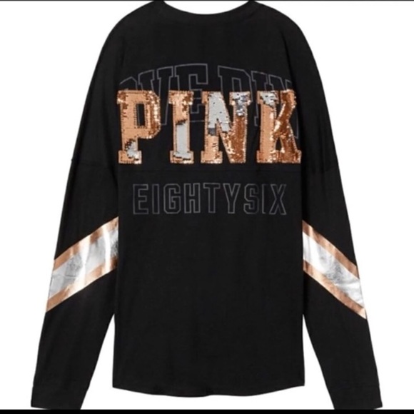 PINK VICTORIA/'S SECRET GRAY SILVER SEQUIN LOGO VARSITY V-NECK LONG SLEEVE TEE VS